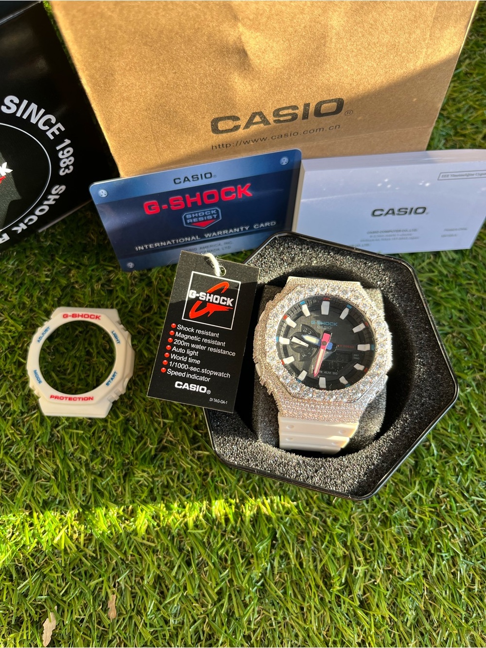 Casio G-Shock White Resin Watch with moissanite-Studded Bezel